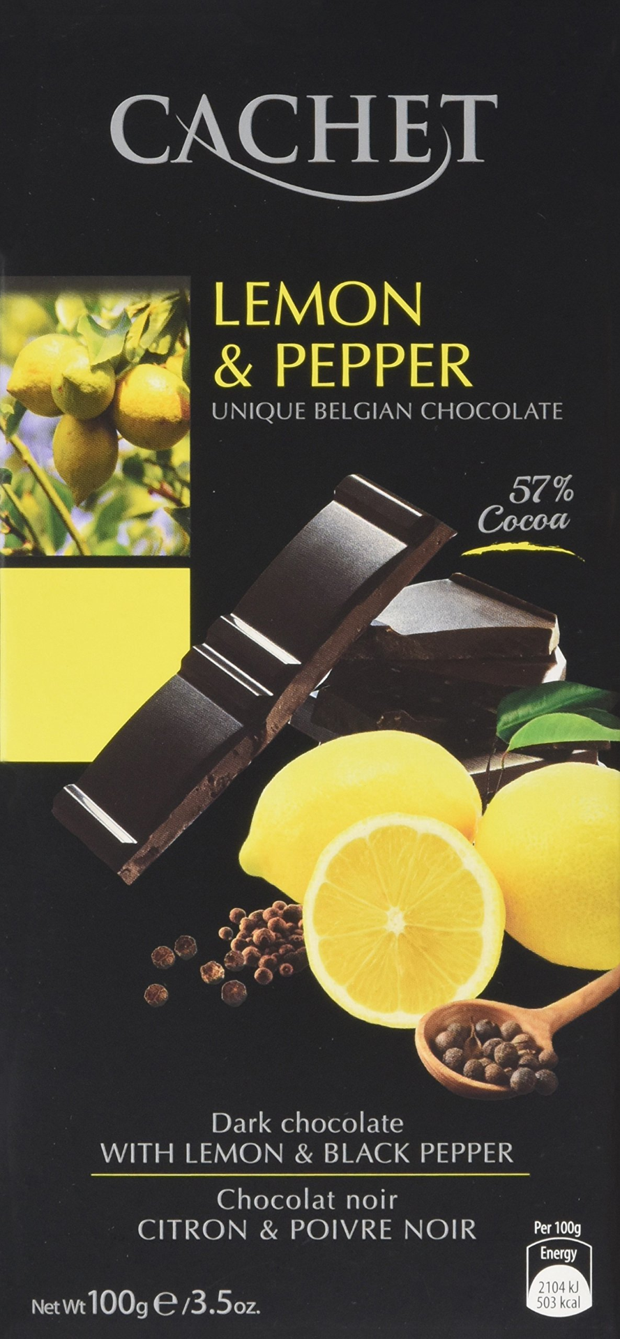 CACHET DARK CHOC W/LEMON & B/PEPPR 100G